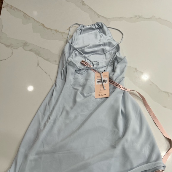 Brand New Oh Polly Halter Neck Cowl Back Georgette Mini Dress in Sky Grey - Picture 4 of 7